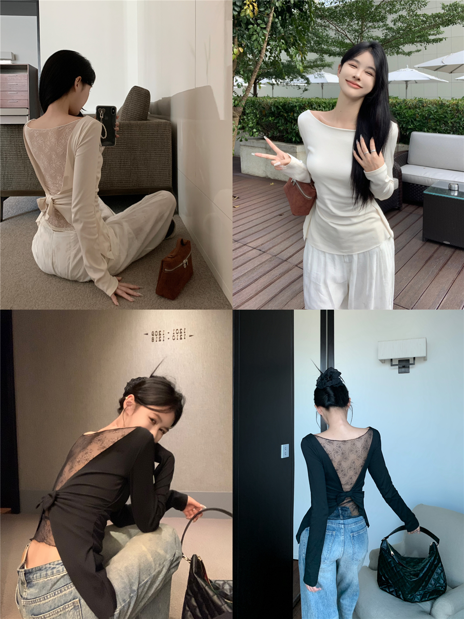 실사 새로운 이른 가을 핫걸 바람 뒤로 레이스 조각 긴팔 티셔츠 여성 섹시함 인사이드 가져 가라. 기본 셔츠 맨위