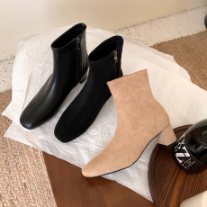 批发葡萄妈同款～2024秋季款法式侧拉链粗高跟真皮短靴女瘦瘦靴