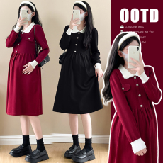 实拍  新款撞色法式娃娃领气质显瘦针织孕妇裙