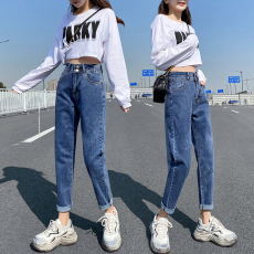 批发实拍大码<b class='q'>牛仔</b>裤女高腰春季百搭显瘦宽松弹力双扣松紧直筒<b class='q'>哈伦</b>裤子