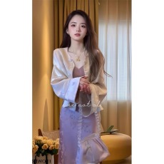 批发春季搭配一整套大码<b class='q'>胖</b><b class='q'>mm</b>小香风<b class='q'>外套</b>紫色吊带连衣裙新中式套装裙女