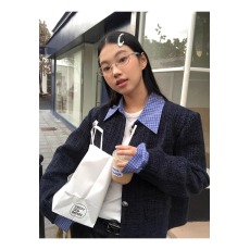 批发小香风时尚气质显瘦短款上衣polo领设计感拼接宽松休闲蓝色小香风