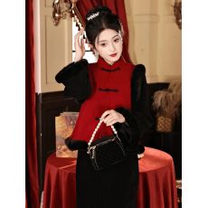 批发黑色旗袍套装秋冬季加绒厚过年战袍女成人拜年<b class='q'>汉服</b><b class='q'>唐装</b>国风马甲袄