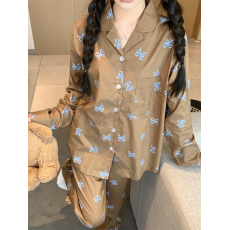 实拍韩i复古美拉德蝴蝶结棉甜美荷叶边长袖睡衣家居服套装