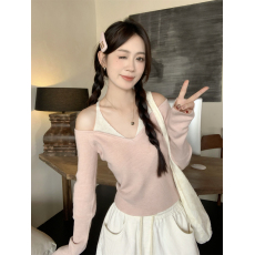 批发实拍实价 淡淡粉 <b class='q'>拼接</b>马海毛修身打底毛衣+ 水洗灯芯绒休闲裤