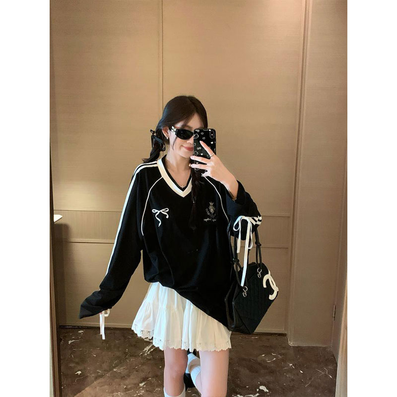 원본 품질 느긋한 프린트 나비 매듭 V넥 긴팔 티셔츠 여성 이른 가을 디자인 센스 루즈핏 다용도 맨위