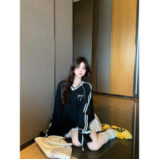 批发慵懒风撞色V领<b class='q'>条纹</b><b class='q'>t</b><b class='q'>恤</b>女秋季减龄蝴蝶结宽松上衣