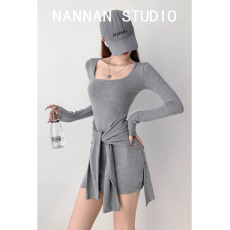 批发韩女氛围感/绑带假两件遮肉收腰连衣裙性感运动风U领<b class='q'>长袖</b>包臀短裙