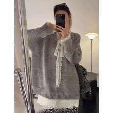 批发蕾丝蝴蝶结拼接宽松长袖毛衣女慵懒风加厚针织衫上衣