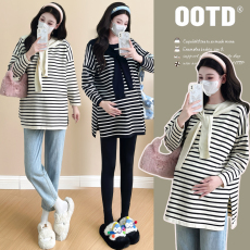 批发实拍新款优质款2026<b class='q'>孕妇</b><b class='q'>秋冬装</b>时尚宽松长袖减龄条纹披肩<b class='q'>上衣</b>