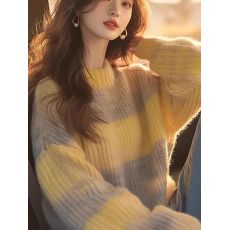 韩系穿搭黄色条纹软糯毛衣复古温柔慵懒风高级感宽松针织上衣女秋