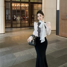 批发实拍实价气质千金双层<b class='q'>波点</b>网格透视纱绑带领结设计女蕾丝<b class='q'>衬衣</b>女