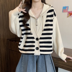 批发实拍~胖MM大码秋冬新款拼接条纹假两件V领<b class='q'>针织</b><b class='q'>开衫</b>百搭上衣
