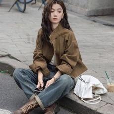 批发韩版复古工装立领夹克<b class='q'>外套</b>女秋季<b class='q'>新款</b>机车风宽松休闲短款夹克上衣