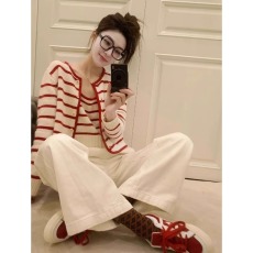 批发秋季搭配一整套大码<b class='q'>胖</b><b class='q'>mm</b>条纹针织衫阔腿裤温柔减龄时尚三件套装女