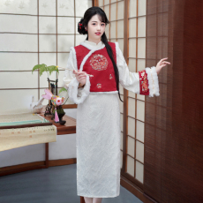批发团团2025秋冬新款加绒马甲旗袍套装女改良汉服日常穿