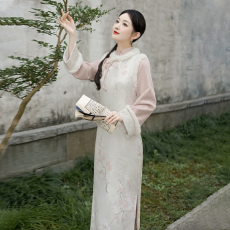 批发｜落梅｜新中式秋冬加绒旗袍裙粉白梅花毛绒长短<b class='q'>马甲</b>