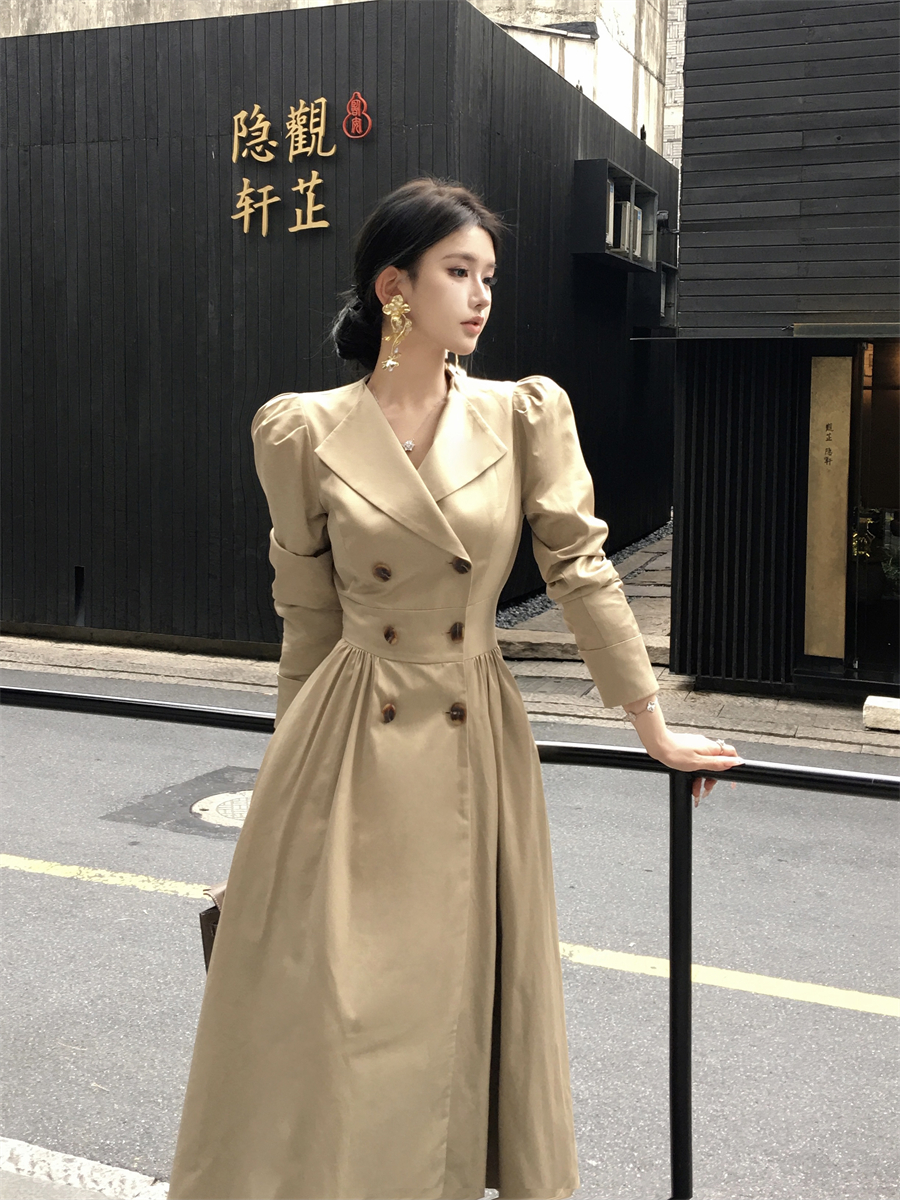 정가 실사 프랑스식 레트로 허리 수축 중간 길이 바람막이 긴팔 블레이저 바람 드레스