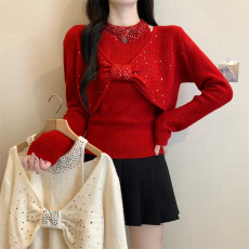 批发2024年冬季新款女装宽松蝴蝶结罩衫针织衫时尚毛衣上衣两件套装