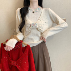 批发2024年秋冬季新款女装宽松蝴蝶结罩衫针织衫时尚毛衣上衣两件套装