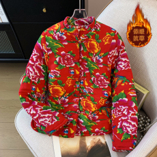 批发东北大花新冬复古民族风棉服小棉袄短款<b class='q'>棉麻</b>印花棉衣复古盘扣外套