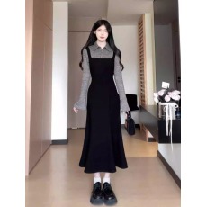 批发已出货 松本丧丧假两件复古长袖裙针织设计感显瘦收腰包臂连衣裙