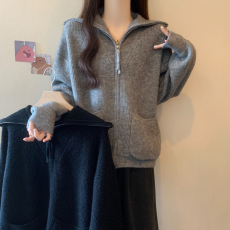 批发实拍2025秋冬新款<b class='q'>大码</b>女装胖mm宽松翻领内搭加厚毛衣针织开衫外套