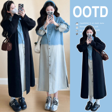 批发实拍2025孕妇秋冬新款重工渐变牛仔衬衫裙+针织毛衣外套#6070