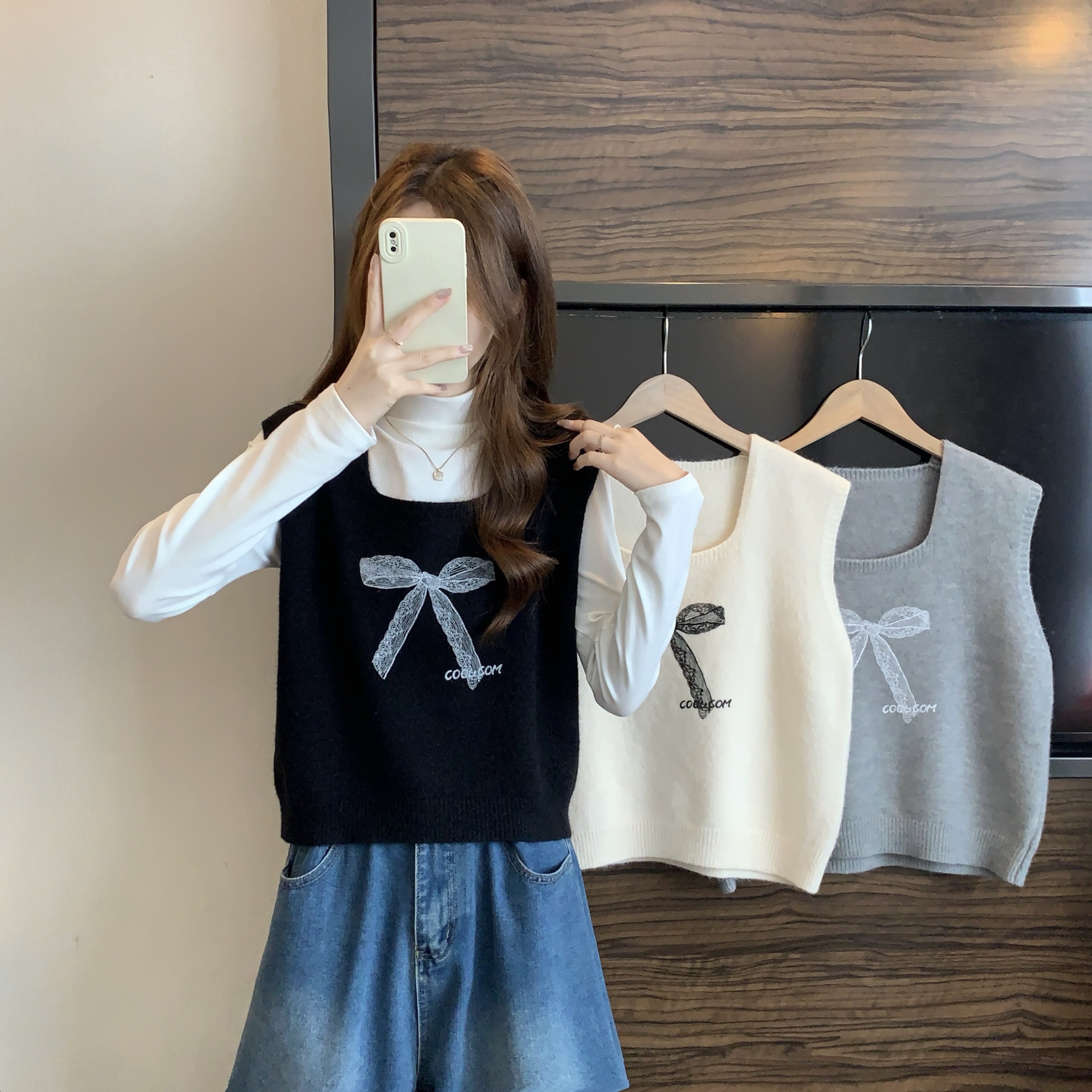 실제 촬영 디자인 센스 광장 칼라 민소매 스택 착용 뜨개질 조끼 가을과 겨울 지방 mm 한 부서 표지 고기 슬림 외부 잡아라. 의류