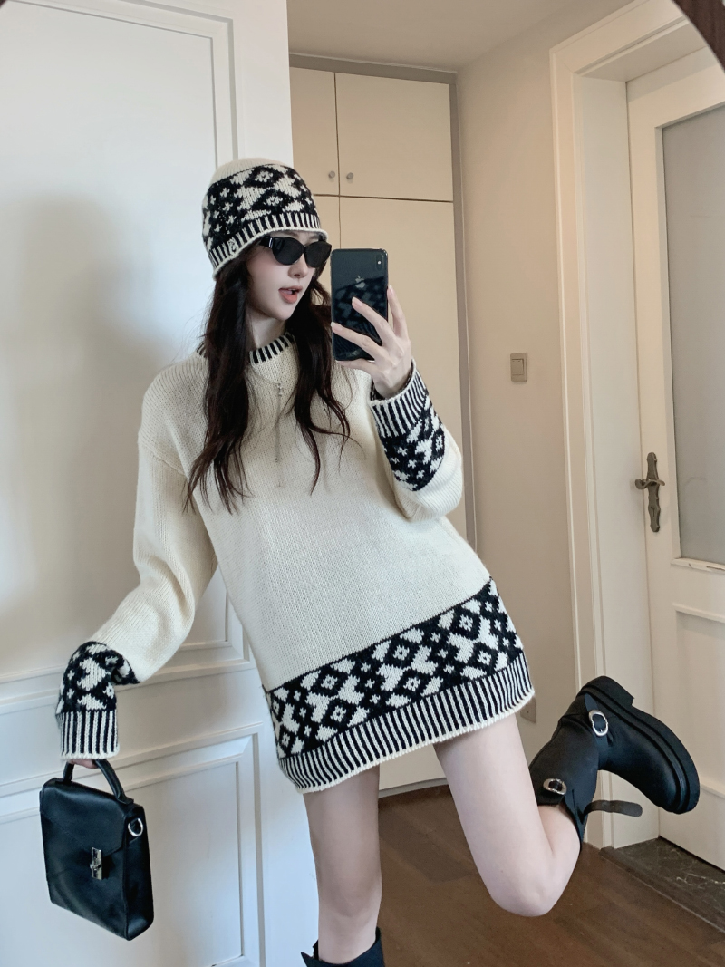 실사 정가 폭발 디자인 센스 자카드 루즈핏 느긋한 패치워크 색상 스웨터