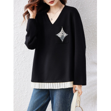 批发实拍时尚V领压褶拼接假两件卫衣女春26新款欧货宽松洋气上衣