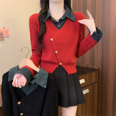 批发<b class='q'>大码</b><b class='q'>女装</b>百搭时尚牛仔POLO领拼接毛衣2025冬新款假两件开衫上衣