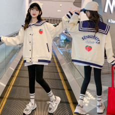 批发<b class='q'>女童</b>洋气<b class='q'>学院风</b>草莓上衣装中小学生春秋季新款娃娃领甜美开衫外套