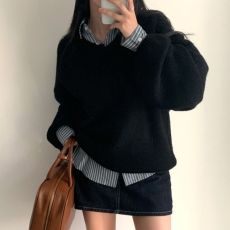 批发实拍大码 韩chic早春慵懒宽松套头V领纯色沙针暗纹针织毛衣