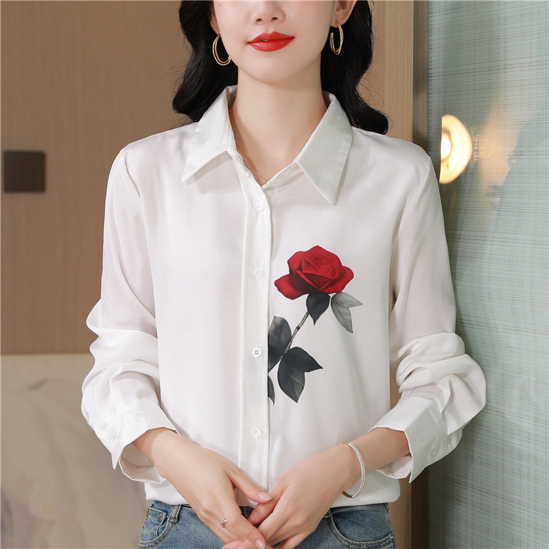 RY9123# 白色印花醋酸缎面真丝衬衫女高级感轻奢名媛上衣别致长袖冰丝衬衣