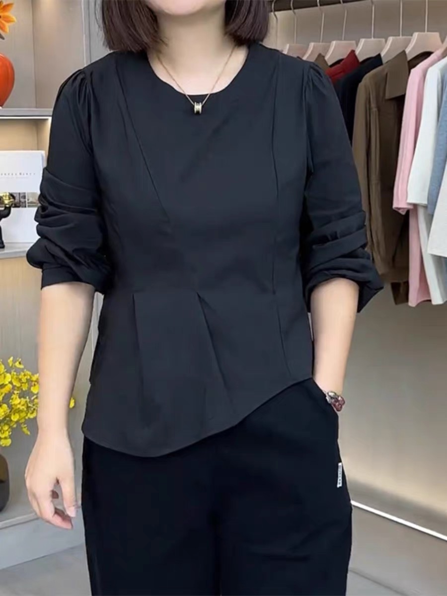 2026 가을 의상 빅 사이즈 여성 의류 마이크로 지방 mm 프랑스식 단색 긴팔 라운드 넥 슬림해 보이는 다용도 셔츠 맨위