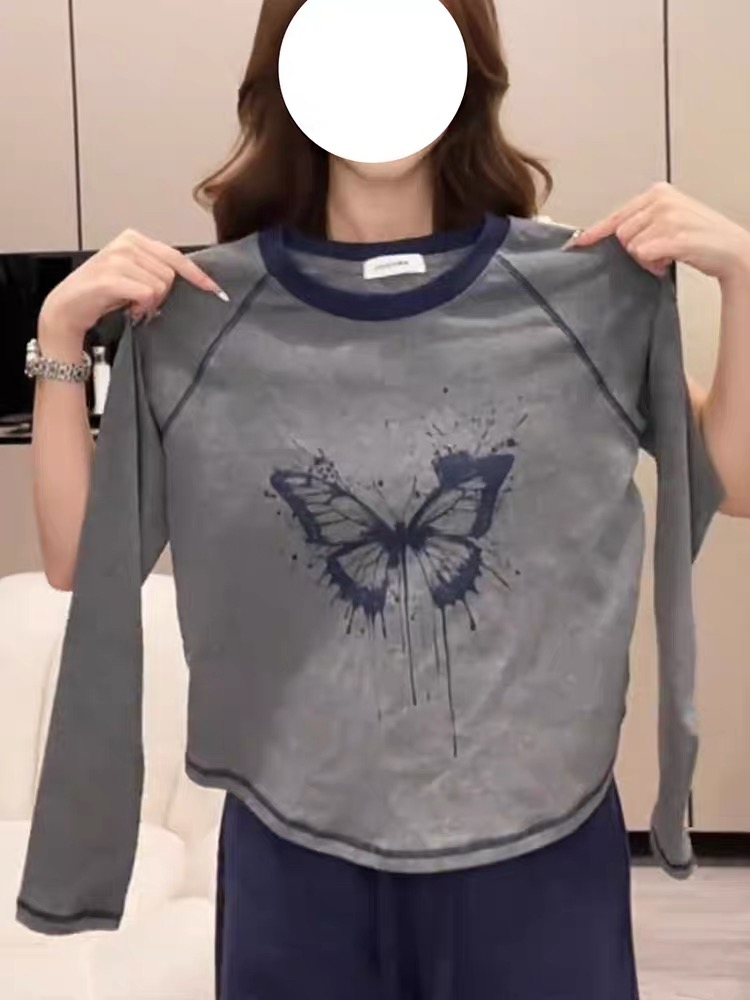 빅 사이즈 여성 의류 레트로 삽입 어깨 긴팔 티셔츠 기본 셔츠 가을 새로운 지방 mm 디자인 센스 패션 슬림해 보이는 맨위
