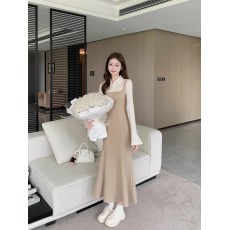 批发假两件<b class='q'>复古</b>气质穿搭长袖裙子纯欲风针织设计感显瘦收腰包臂连衣裙