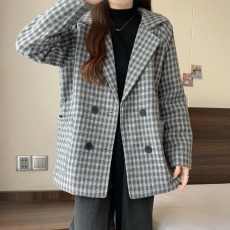 批发实拍冬装大码女装宽松夹棉加厚格子<b class='q'>西装</b>呢子大衣外套