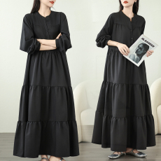 批发实拍2025春装女装<b class='q'>街头</b>大摆连衣裙灯笼长袖赫本风长裙M-4XL200斤