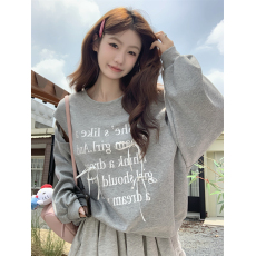 批发字母印花蝴蝶结露肩长袖卫衣女秋季新款设计感时尚圆领套头上衣潮