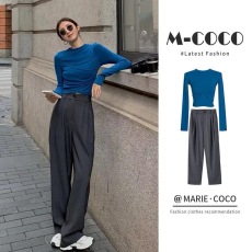 批发入秋搭配一整套<b class='q'>时尚</b>蓝色修身长袖打底上衣女2024秋宽松西装裤套装