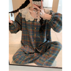 批发实拍韩版甜美花边复古格子长袖秋冬睡衣家居服套装女