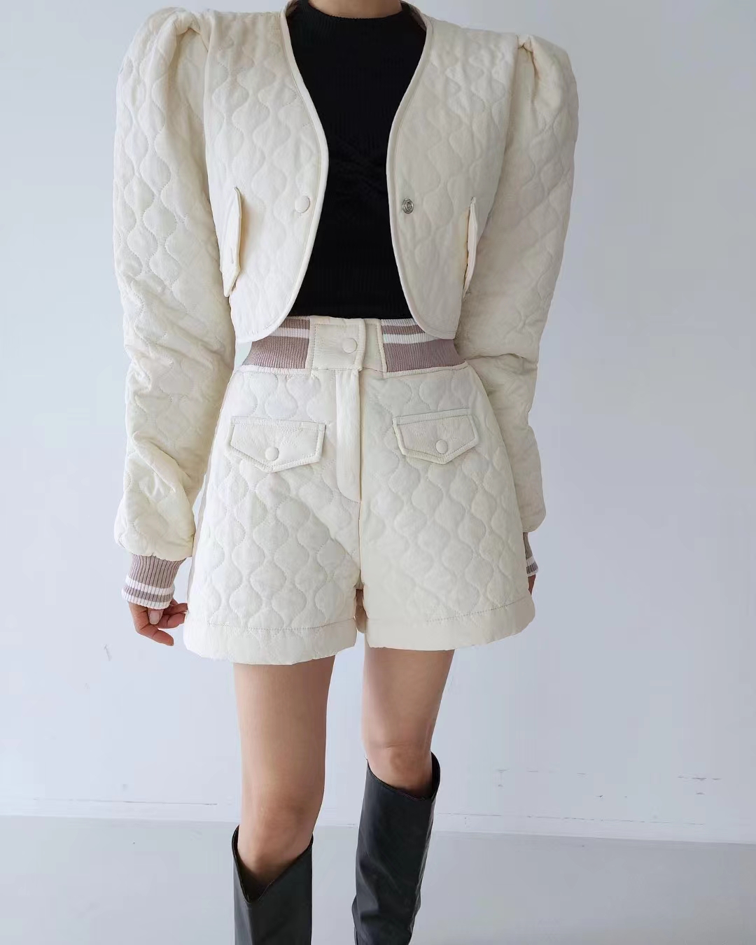 Korean Dongdaemun French sweet diamond embossed quilted short cotton coat jacket + shorts set for women