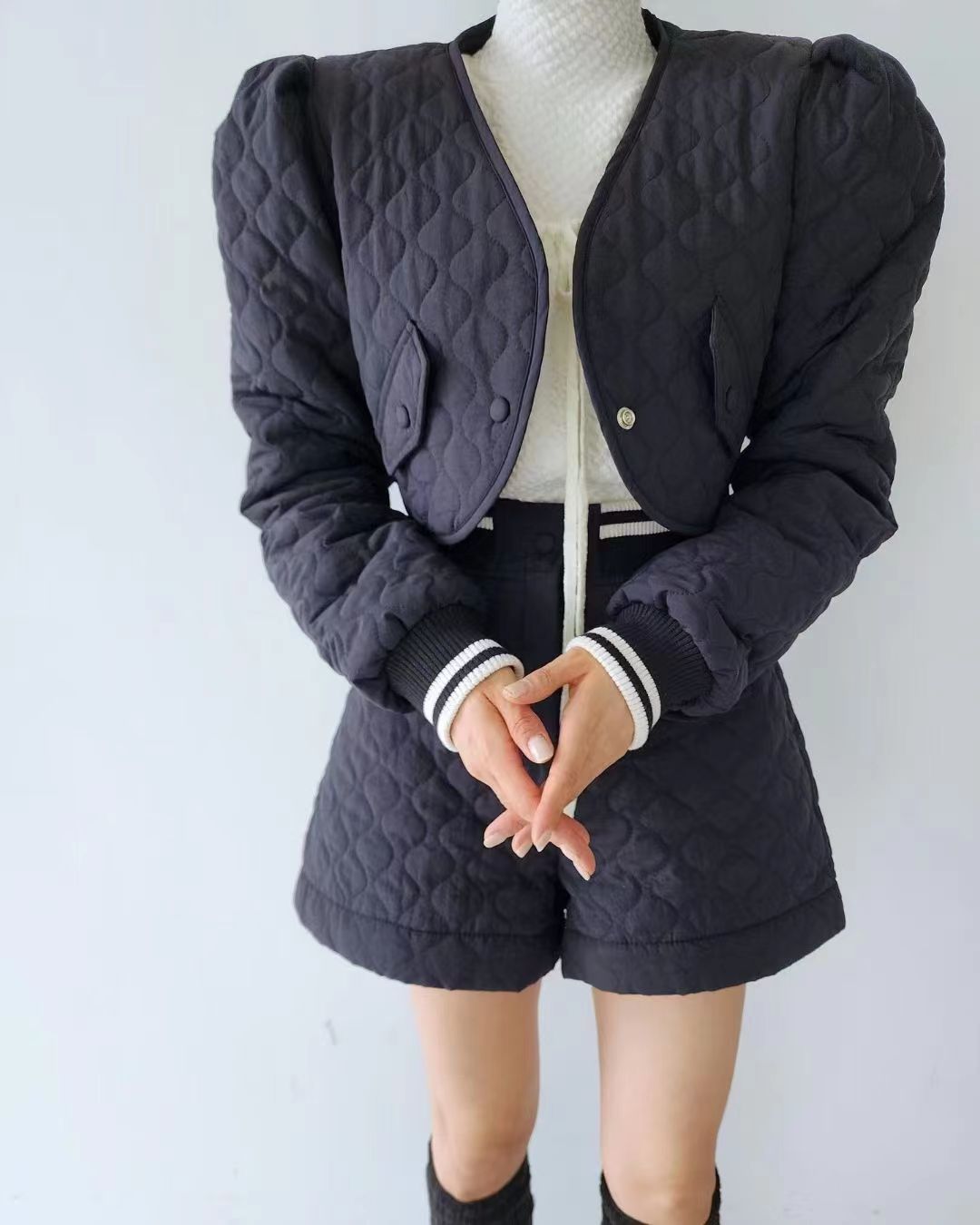 Korean Dongdaemun French sweet diamond embossed quilted short cotton coat jacket + shorts set for women