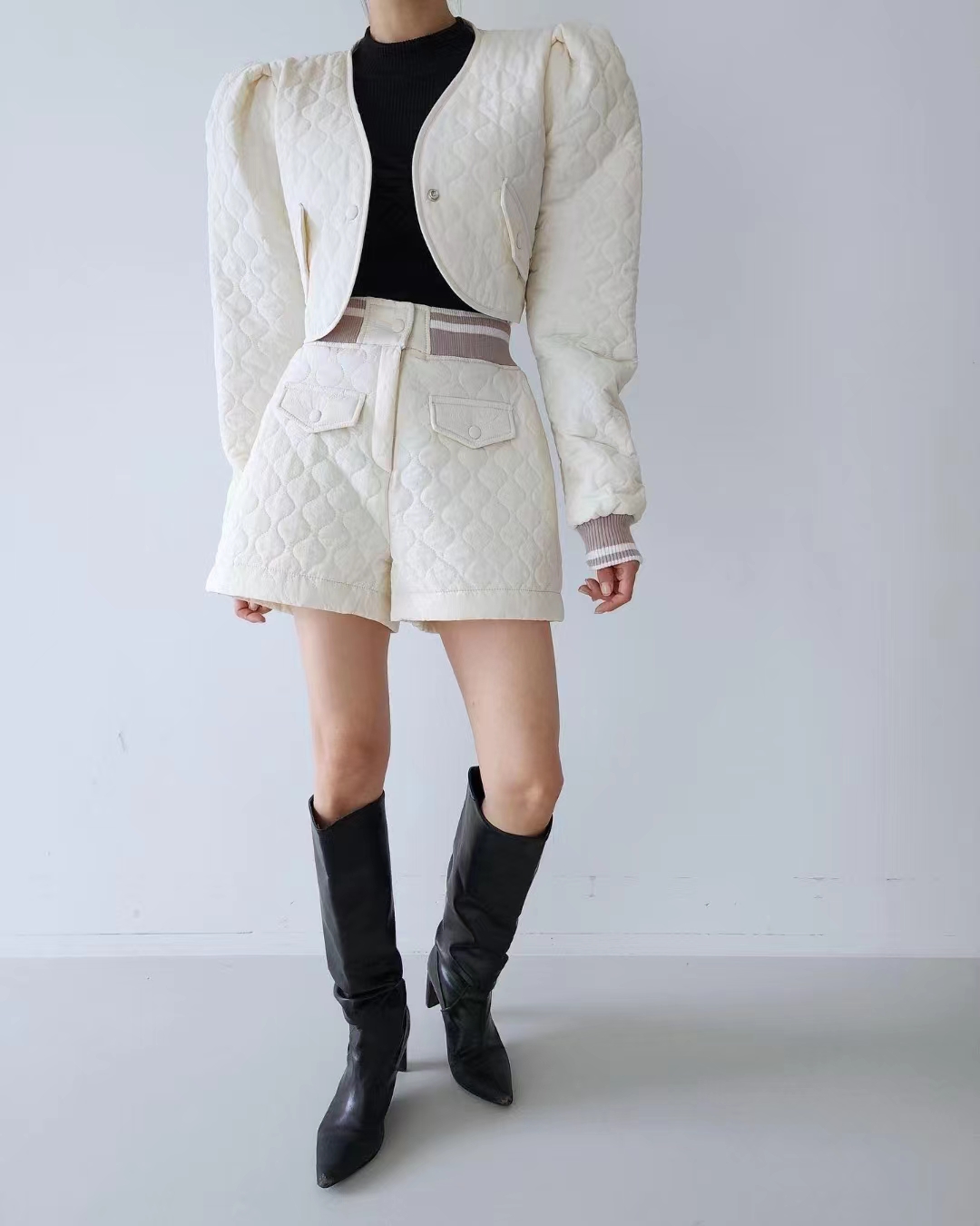 Korean Dongdaemun French sweet diamond embossed quilted short cotton coat jacket + shorts set for women