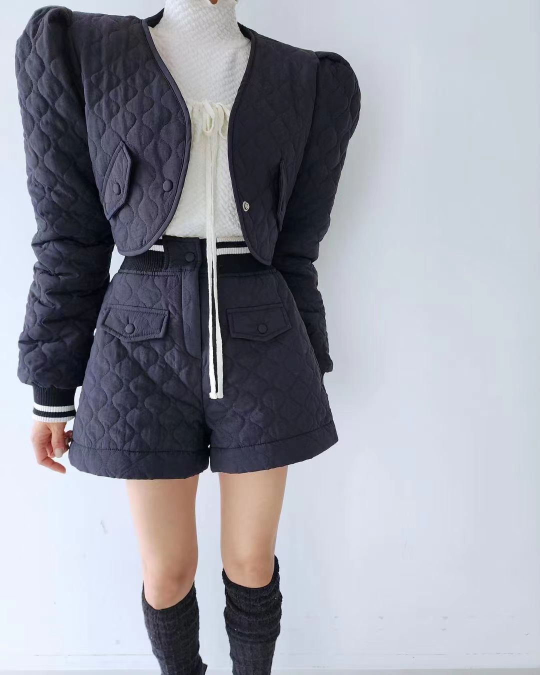 Korean Dongdaemun French sweet diamond embossed quilted short cotton coat jacket + shorts set for women