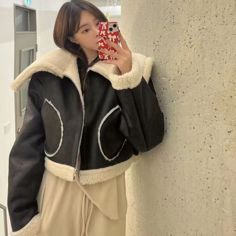 Original reversible large lapel fur collar casual zipper pu all-match short coat top for women