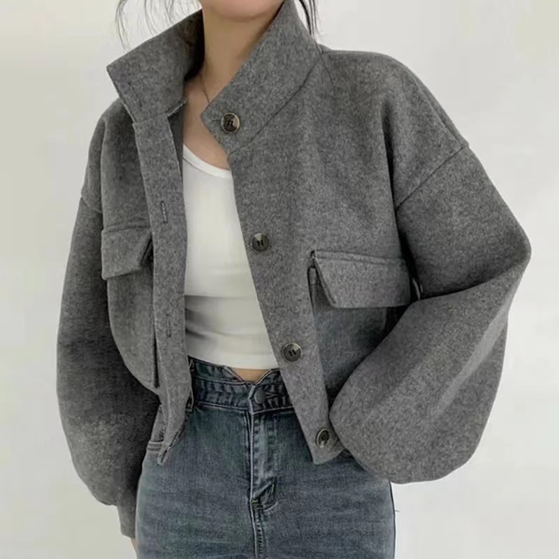 한국 chic 가을 겨울 레트로 작은 대중 스탠드 칼라 싱글 줄 버튼 루즈핏 캐주얼 다용도 긴팔 쇼트 스타일 모직 여성 코트