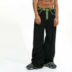 批发时尚个性手绘涂鸦黑色牛仔裤男小众设计感宽松直筒加长阔腿拖地裤